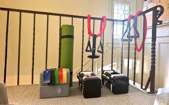 Workout equipment available for maintaining a routine while away from home.